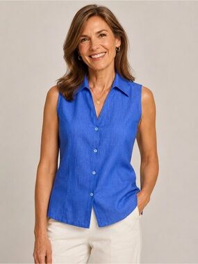 Rafaella Blue 100% Linen Sleeveless Button Front Blouse Women’s Size 10